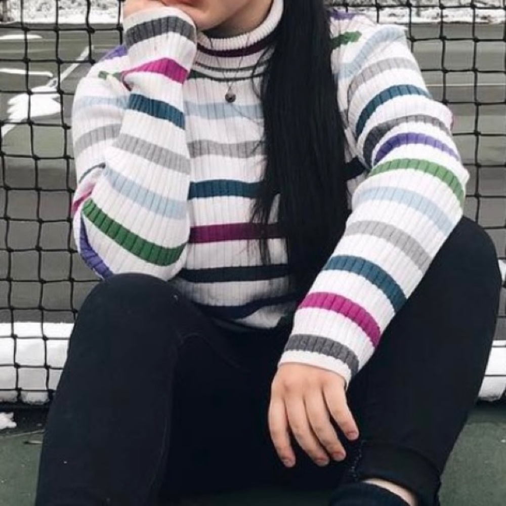 Striped multi colored turtleneck sweater skater style